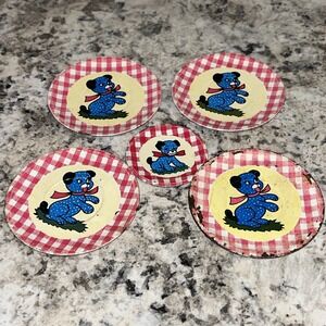 Ohio Art 1950s 5-pc Child Puppy Tin Tea Set Of 4 Larger Plates And One Small‎ H3